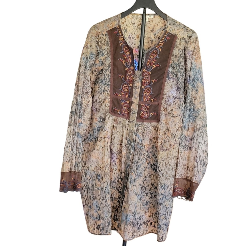 Coldwater Creek Womens 2X Brown Floral Paisley Embroidered Tunic Top Western